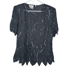 Stenay Plus Silk Black Beaded Sequin Evening Top 16 18 Holiday Party Zig Zag Hem